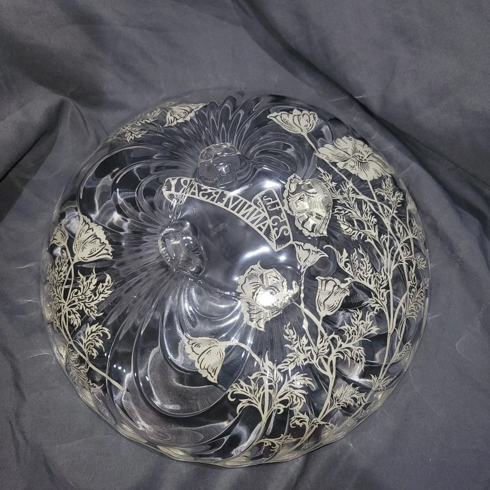 Sterling Silver Overlay 4 Footed Scalloped Edge Round Bowl 25th Anniversary